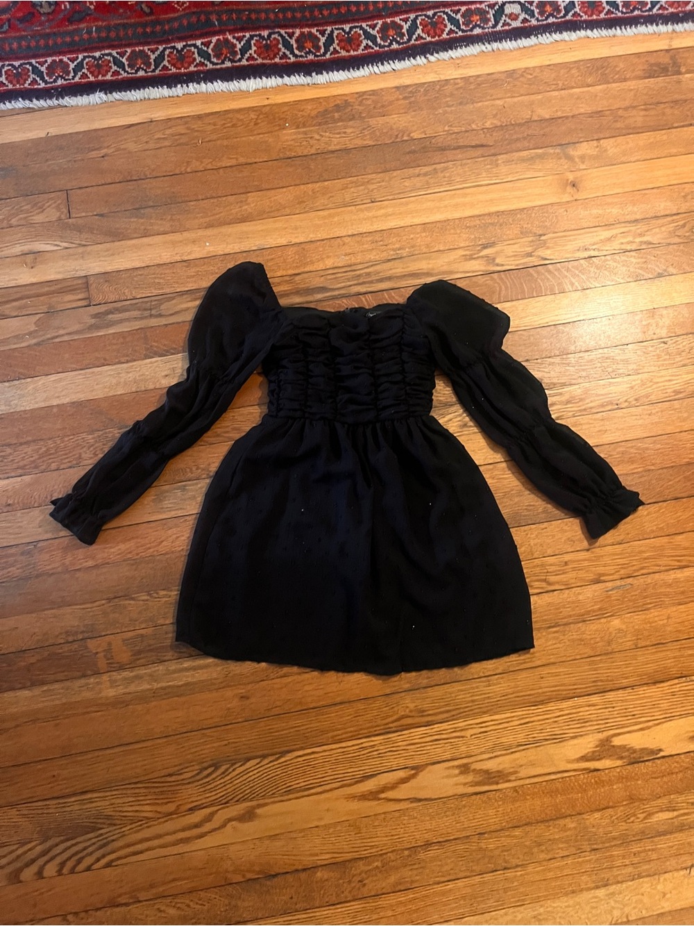 Crystal Doll Black Puff-Sleeve Smocked Dress